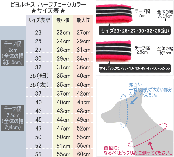 サイズ表｜ビヨルキス ハーフチョークカラー BJORKIS｜犬グッズ通販 HAU（ハウ）